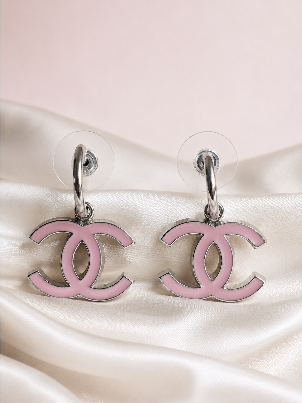 CHANEL 05A Vintage Pink Enamel Coco Mark CC Hoop Drop Earrings w/ Box